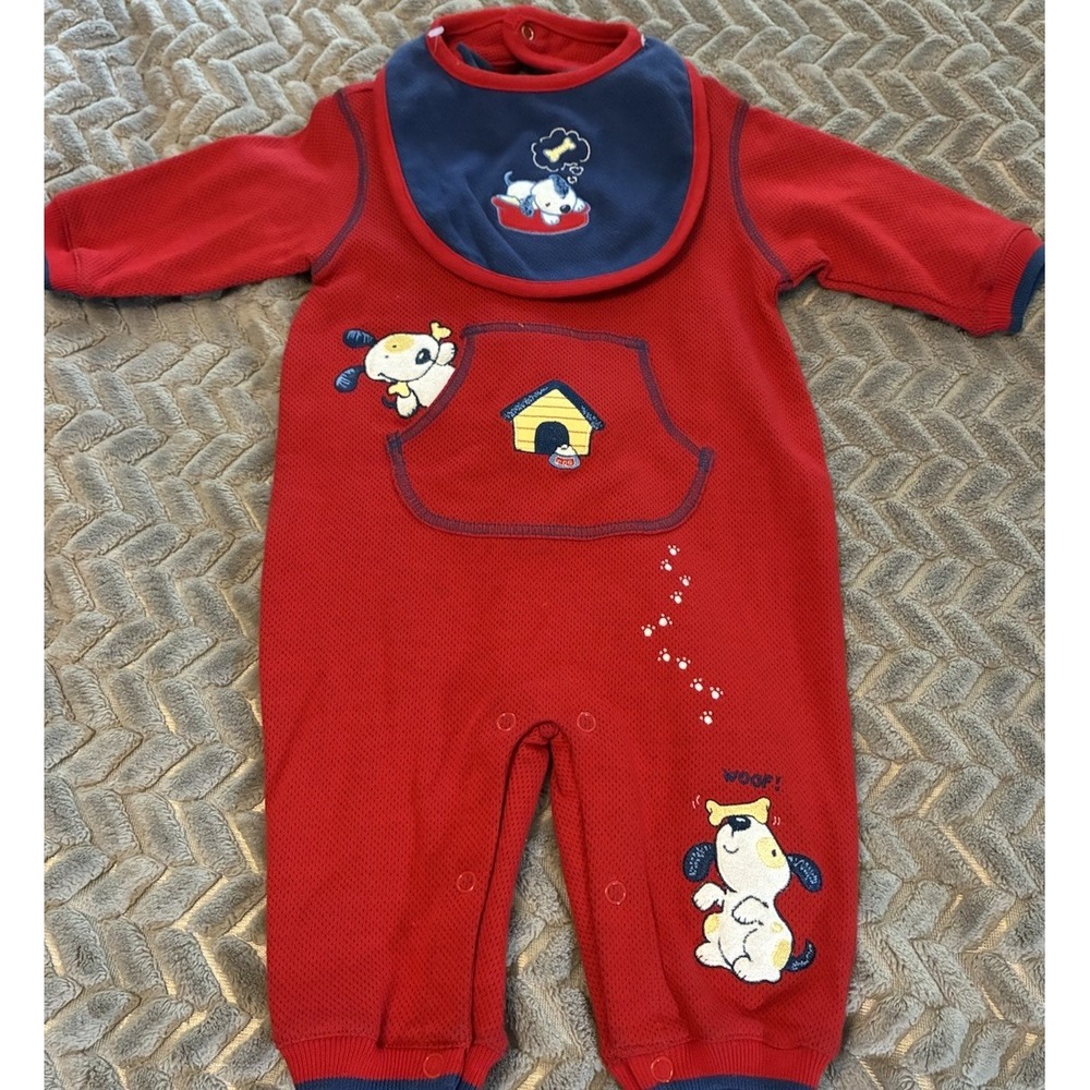 Buster Brown Red One Piece Outfit & Bib 3-6 Months Dog Embroidered Pocket Cotton